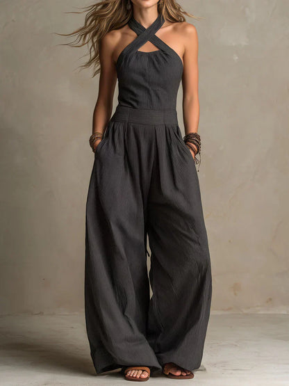 Bianca | Elegant Jumpsuit made of Linen and Cotton with Cross Neckline