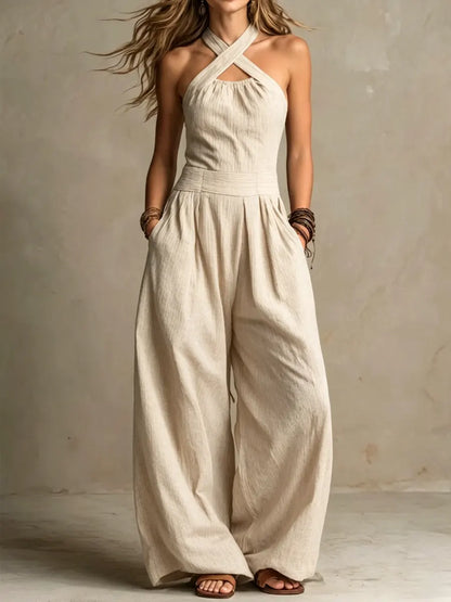 Bianca | Elegant Jumpsuit made of Linen and Cotton with Cross Neckline